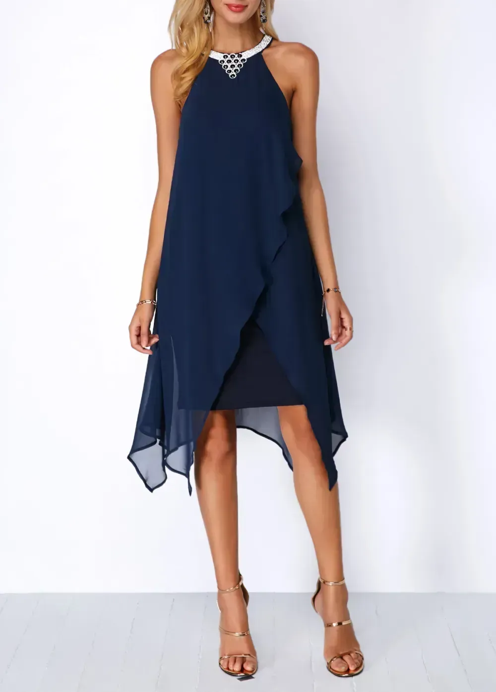 Embellished Neck Asymmetric Hem Chiffon Overlay Dress