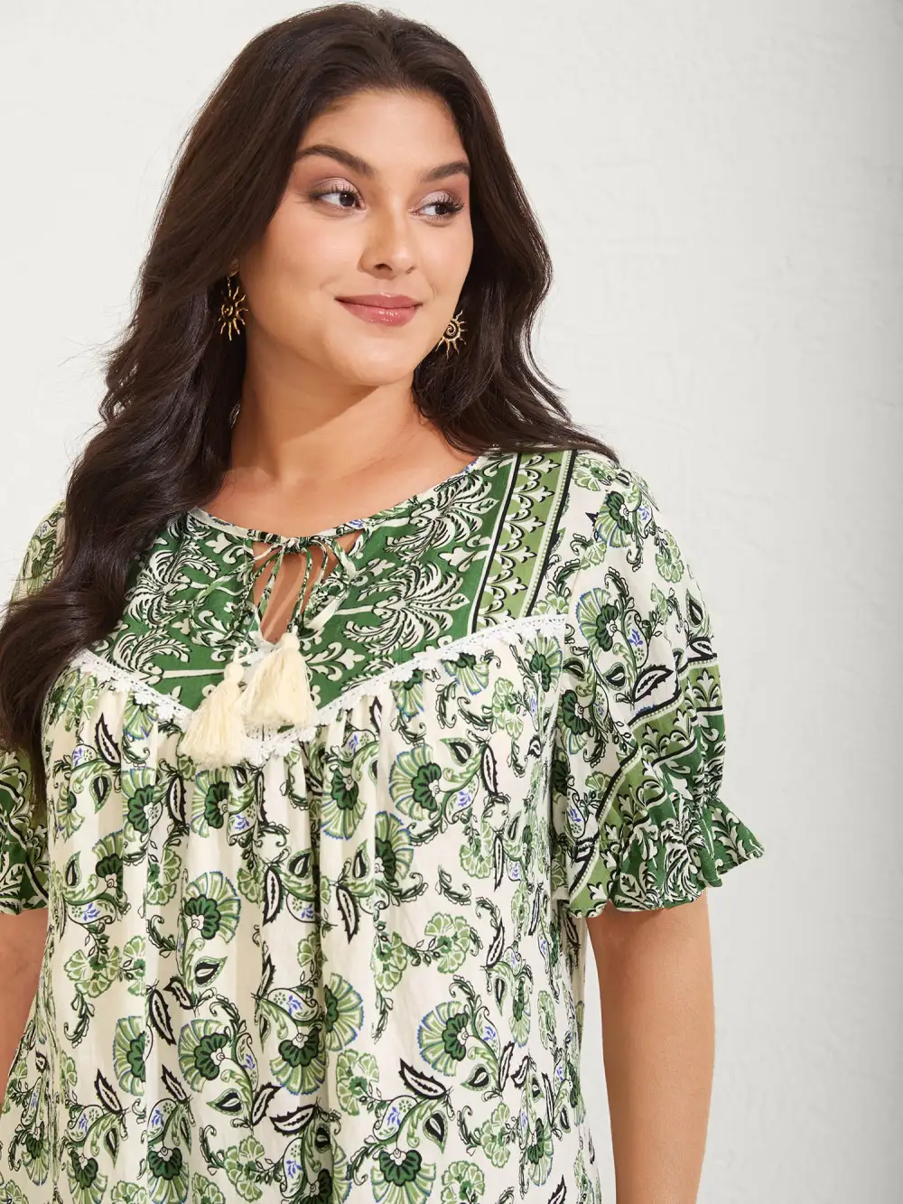 Boho Floral Print Neck Tassels Blouse