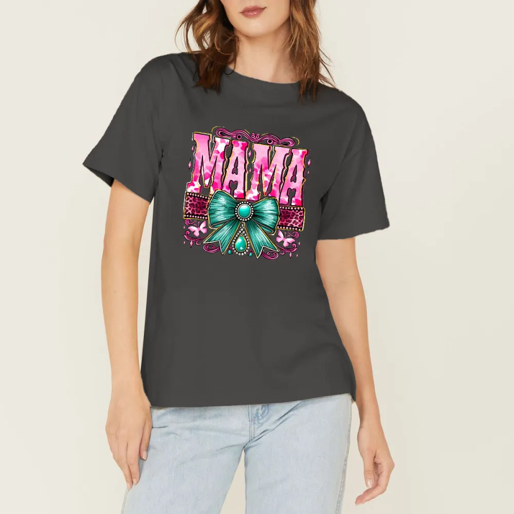 Pink Capital Letters “MAMA” Slogan And A Teal Bow, Jewel Decoration, Surrounded By Pink Flowers And Stripes Decorative Band Monogram, Casual T-Shirt.