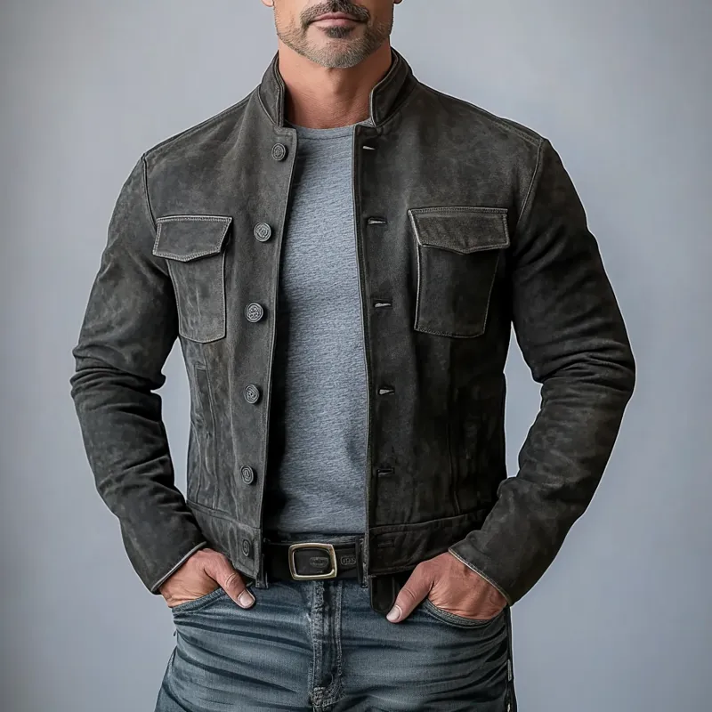 Men's Suede Stand Collar Button Flap Pocket Casual Jacket