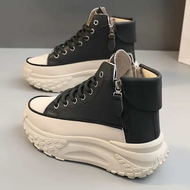 Womens Fashionable Platform Sneakers - Dual Lace Up & Zipper Closure - Refined High Top Skate Style - Padded Comfort for All-Day Wear - Instant Height Boost - Ideal for Sports & Casual Chic