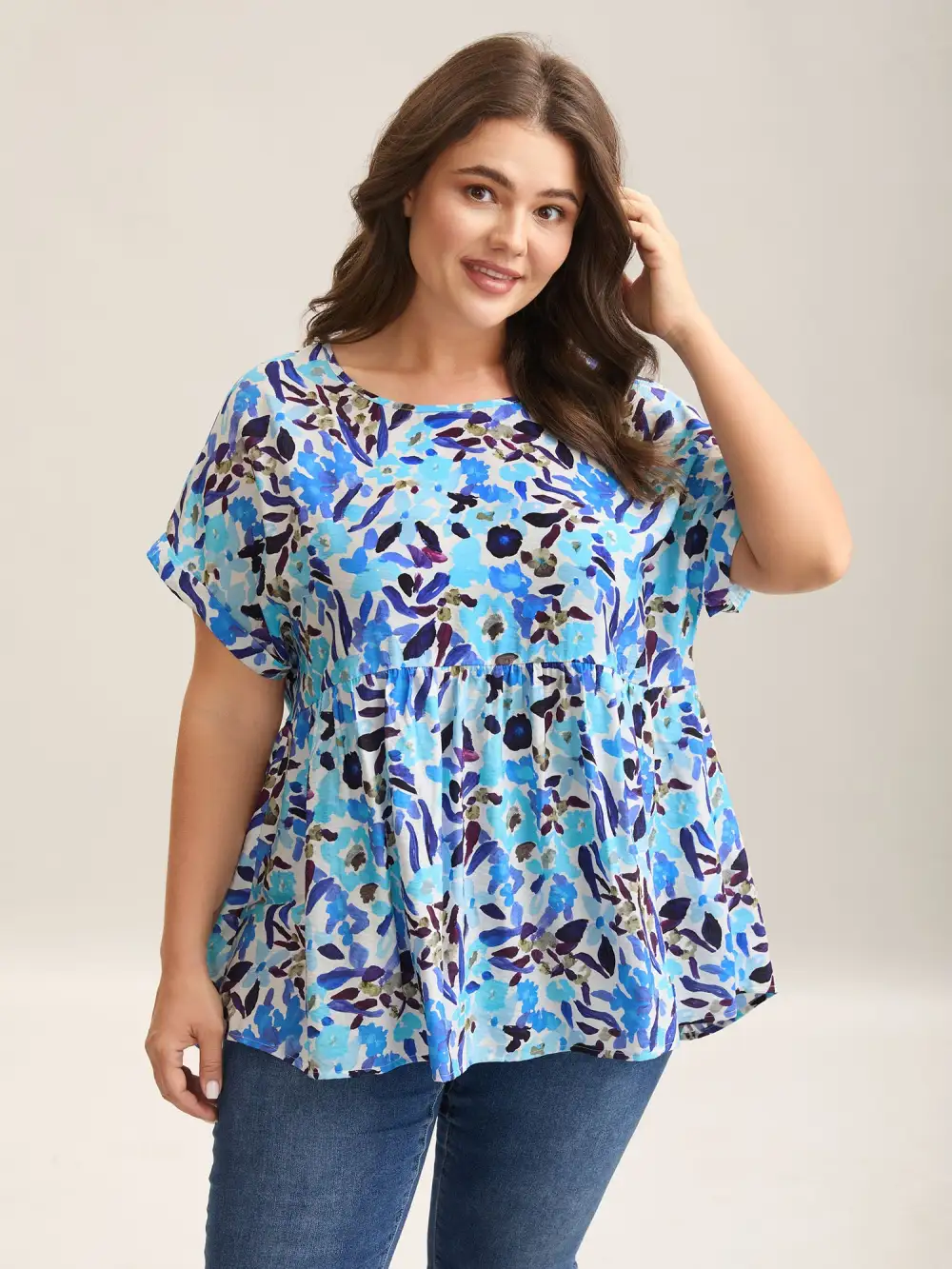 Fruit Print Curved Hem Batwing Sleeve Blouse