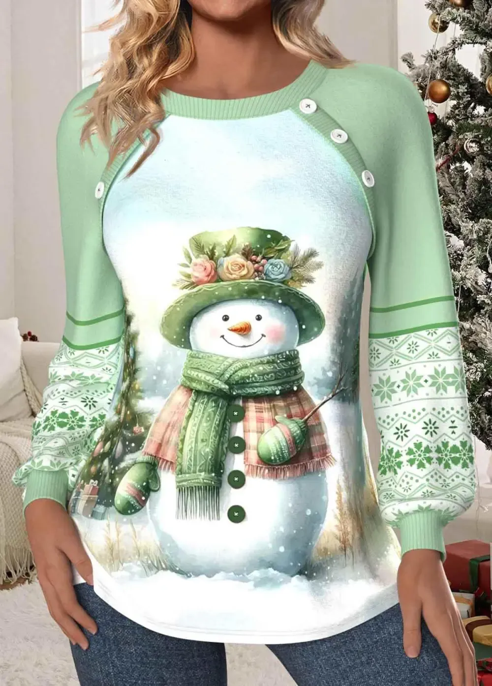 Christmas Light Green Patchwork Long Sleeve Round Neck Sweatshirt