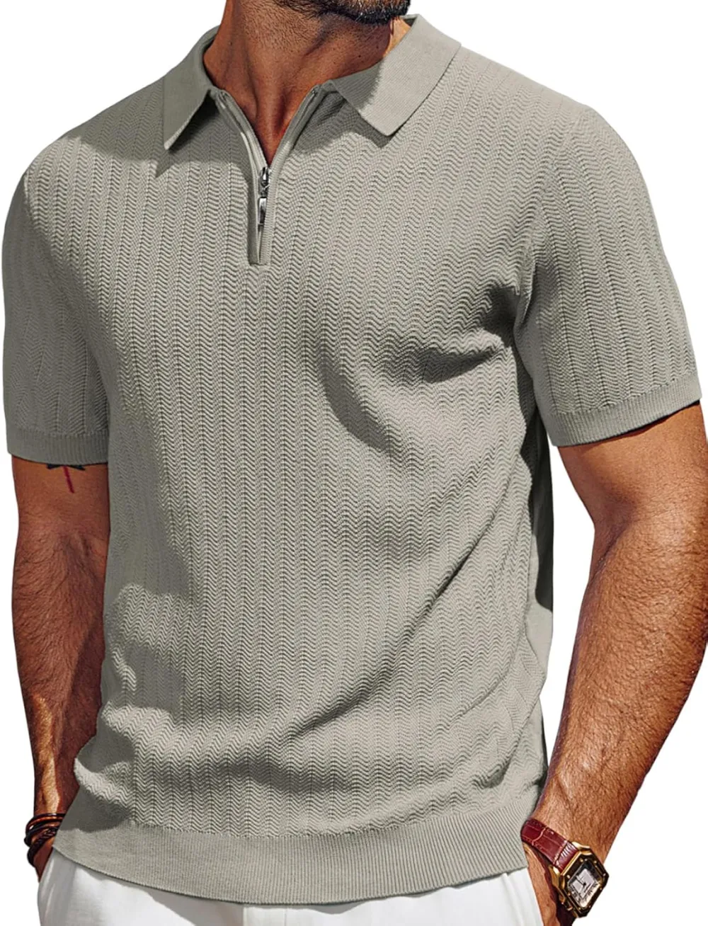 Men's Polo Shirts Quarter Zip Textured Knit Shirts Summer Shirt