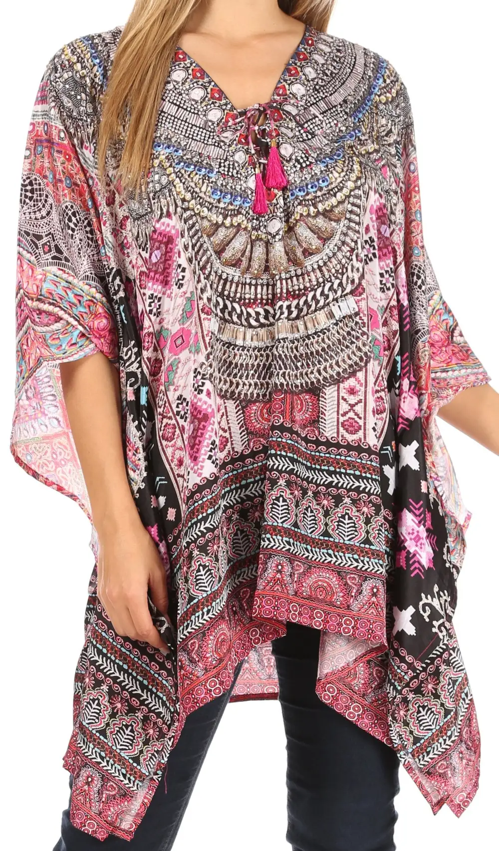 Women's Caftan Poncho Cover up V neck Top Lace up With Rhinestone