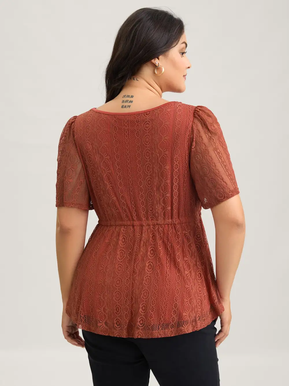 V Neck Lace Panel Drawstring Blouse