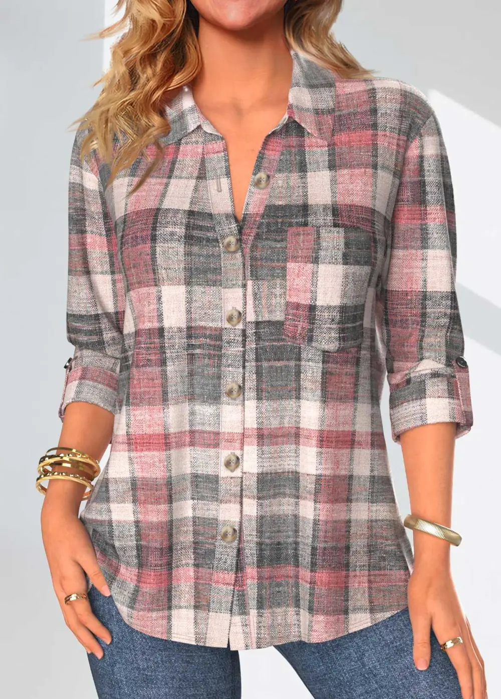 Coral Button Plaid Long Sleeve Shirt Collar Blouse
