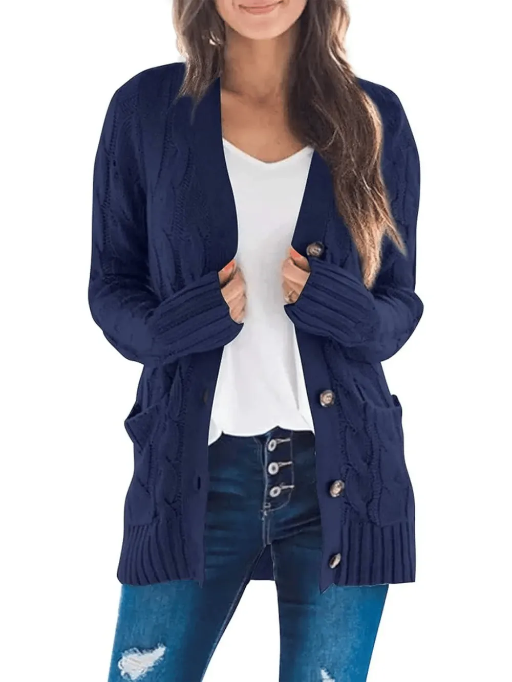 Women's Fall Casual Long Sleeve Button Down Open Front Cable Knit Cardigan