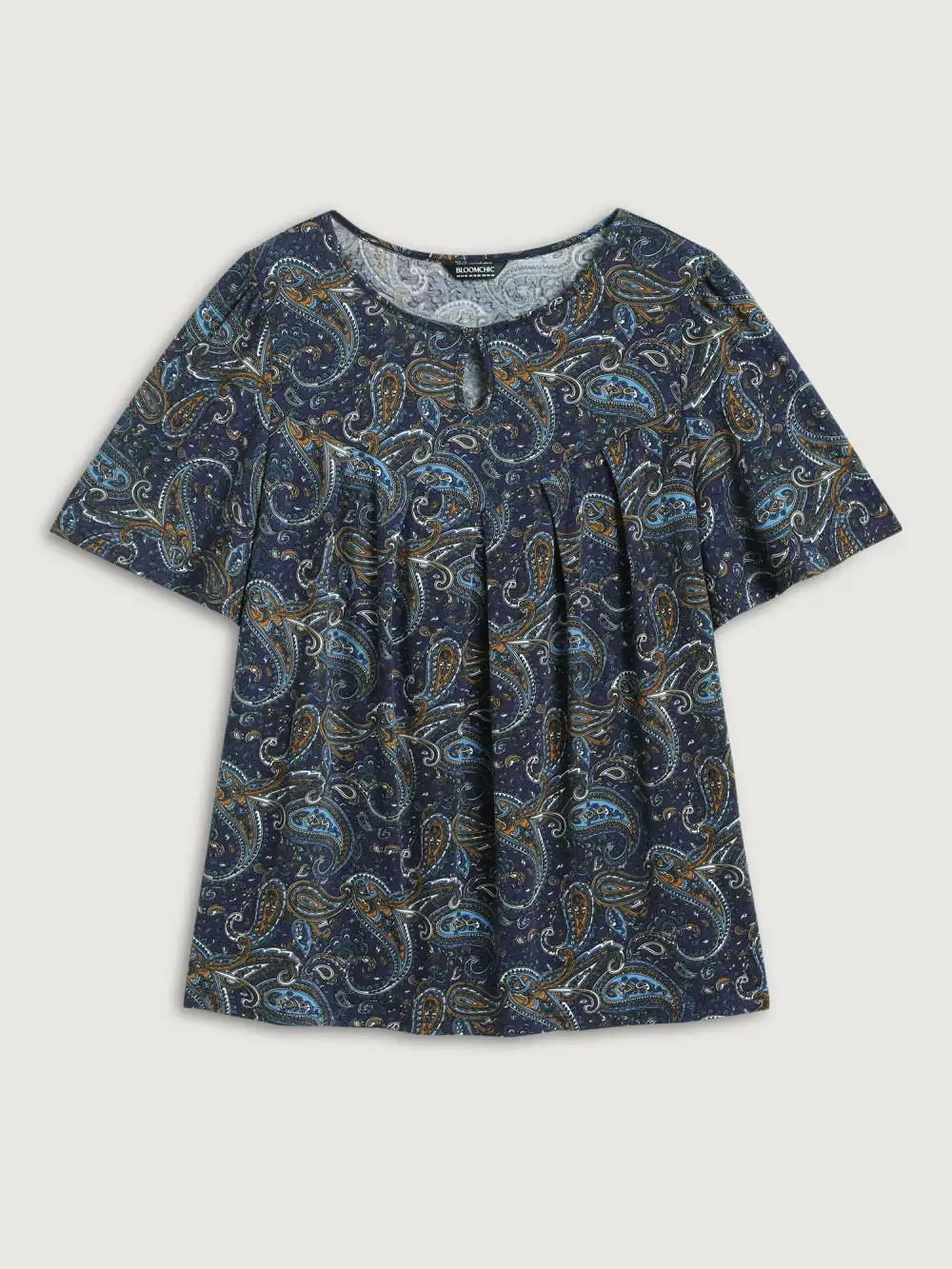 Paisley Print Neck Cut-Out Pleated Top