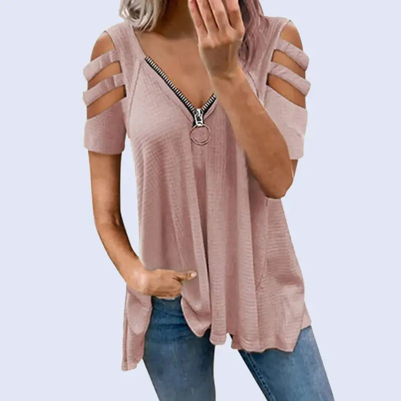 Sexy V-neck zipper solid color T-shirt