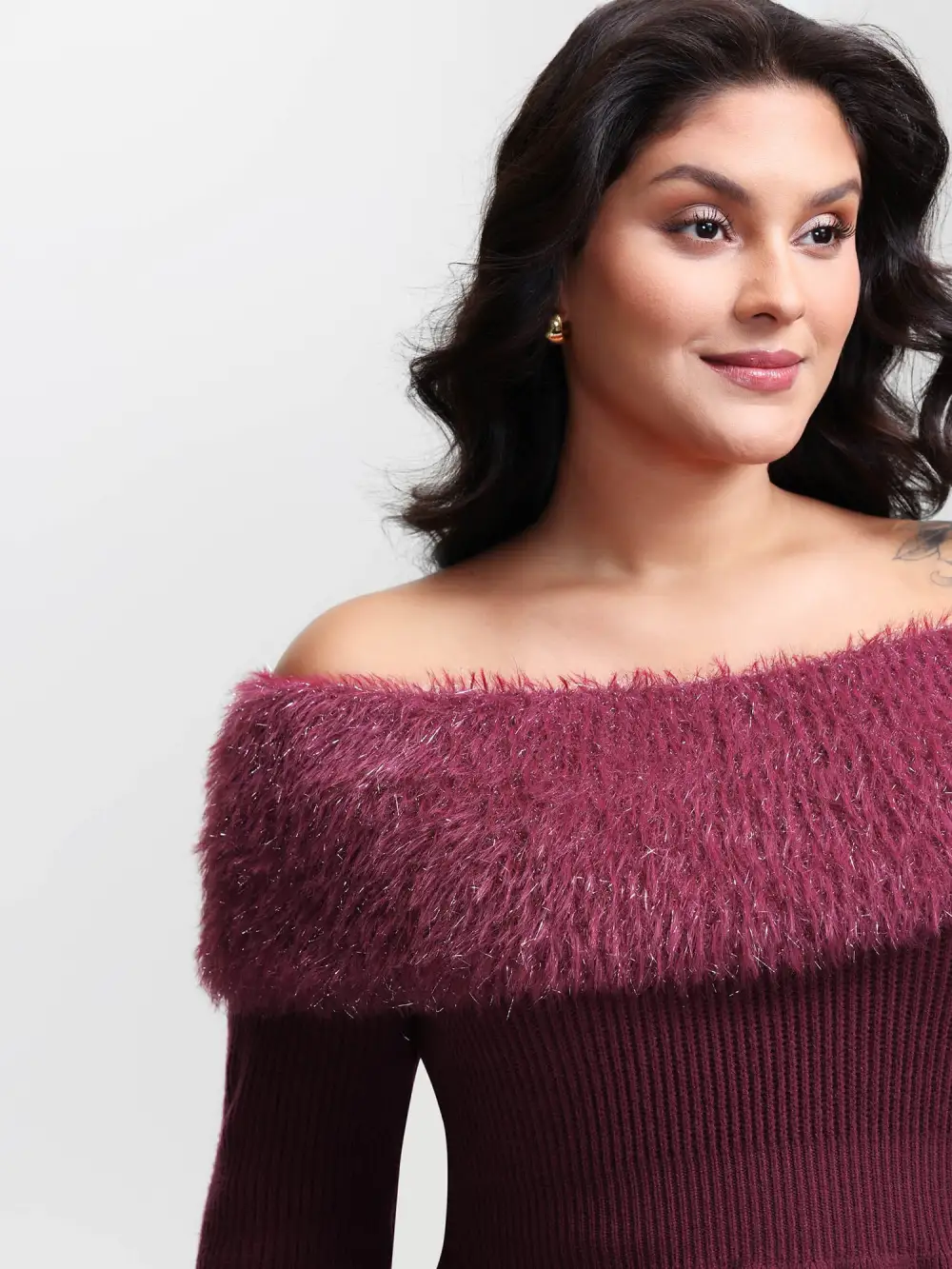 Sparkly Fur Off-Shoulder A-Line Pullover