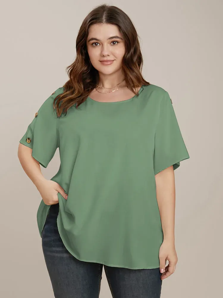 Plain Round Neck Button Detail Blouse