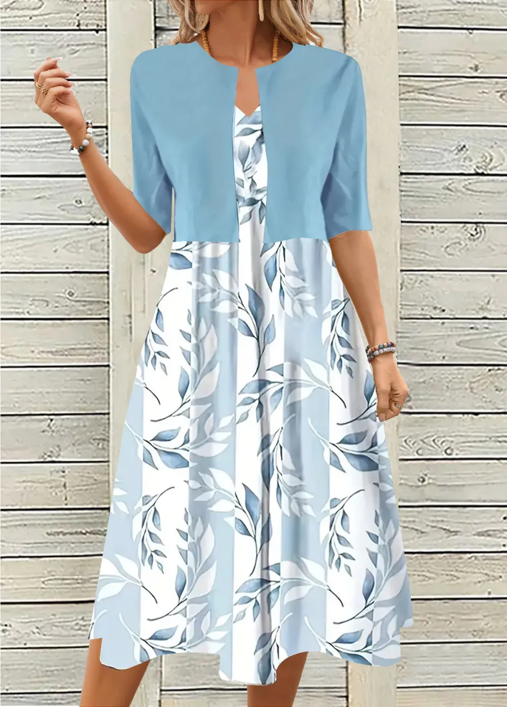 Light Blue Two Piece Leaf Print Dress and Cardigan