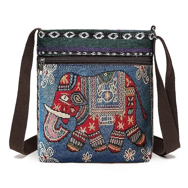 Women's Crossbody Bag Shoulder Bag Hobo Bag Polyester Daily Holiday Zipper Large Capacity Lightweight Durable Geometric Cat Folk [Small Size]Couple Cat [Trumpet] Yellow Elephant [Trumpet] Blue