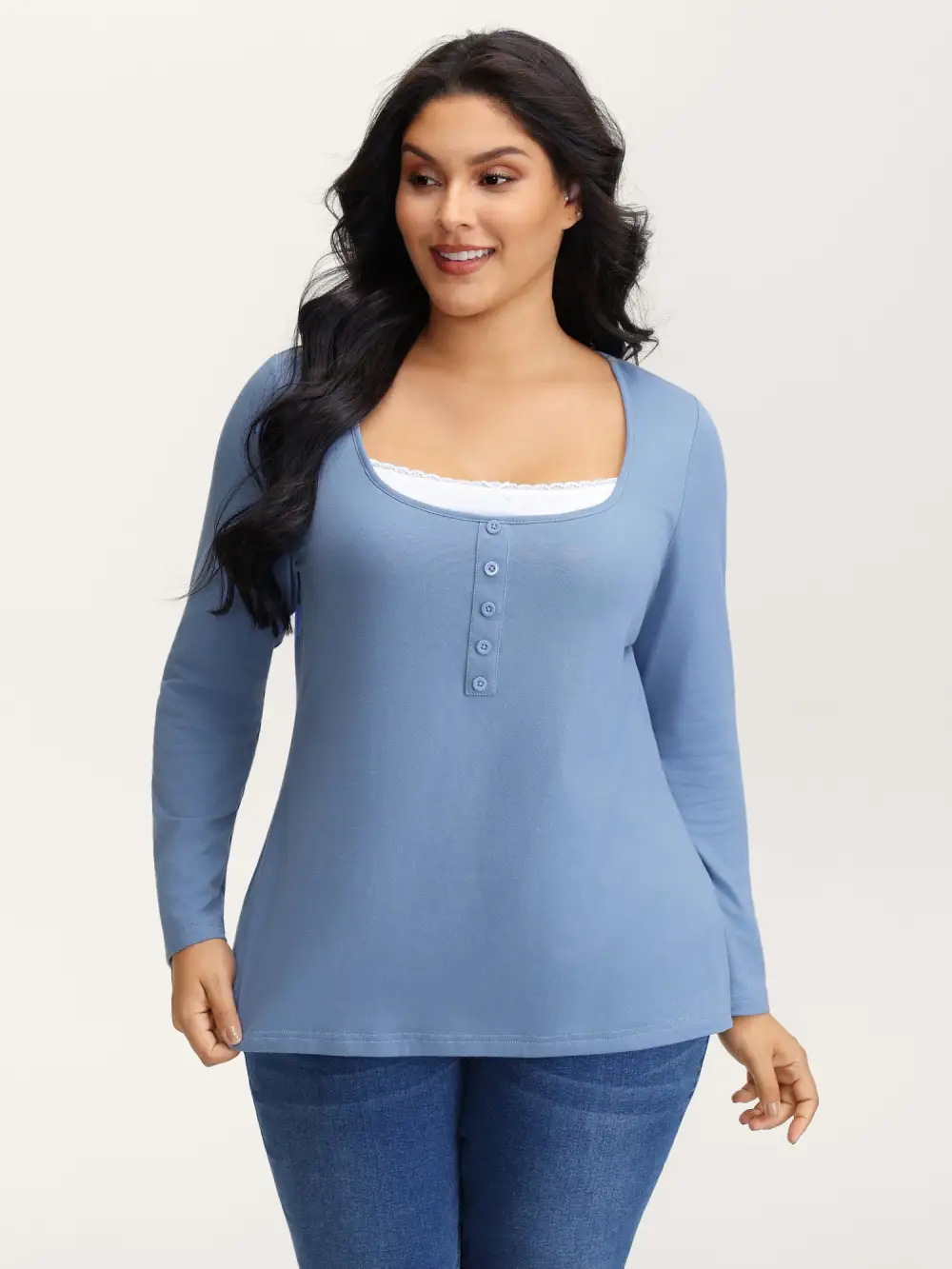 Button Placket Lace Scoop Neck T-Shirt