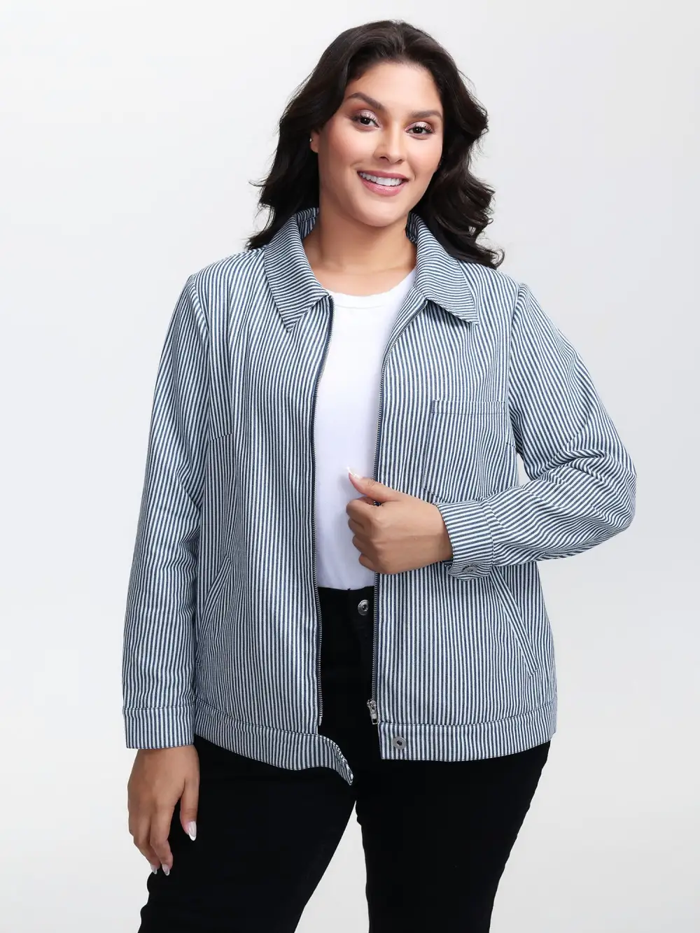 Denim Stripe Zipper-Front Jacket