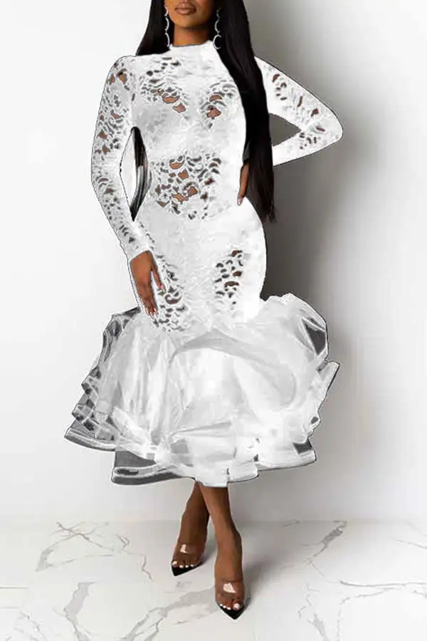 Floral Lace Elegant See-Through Midi Dress