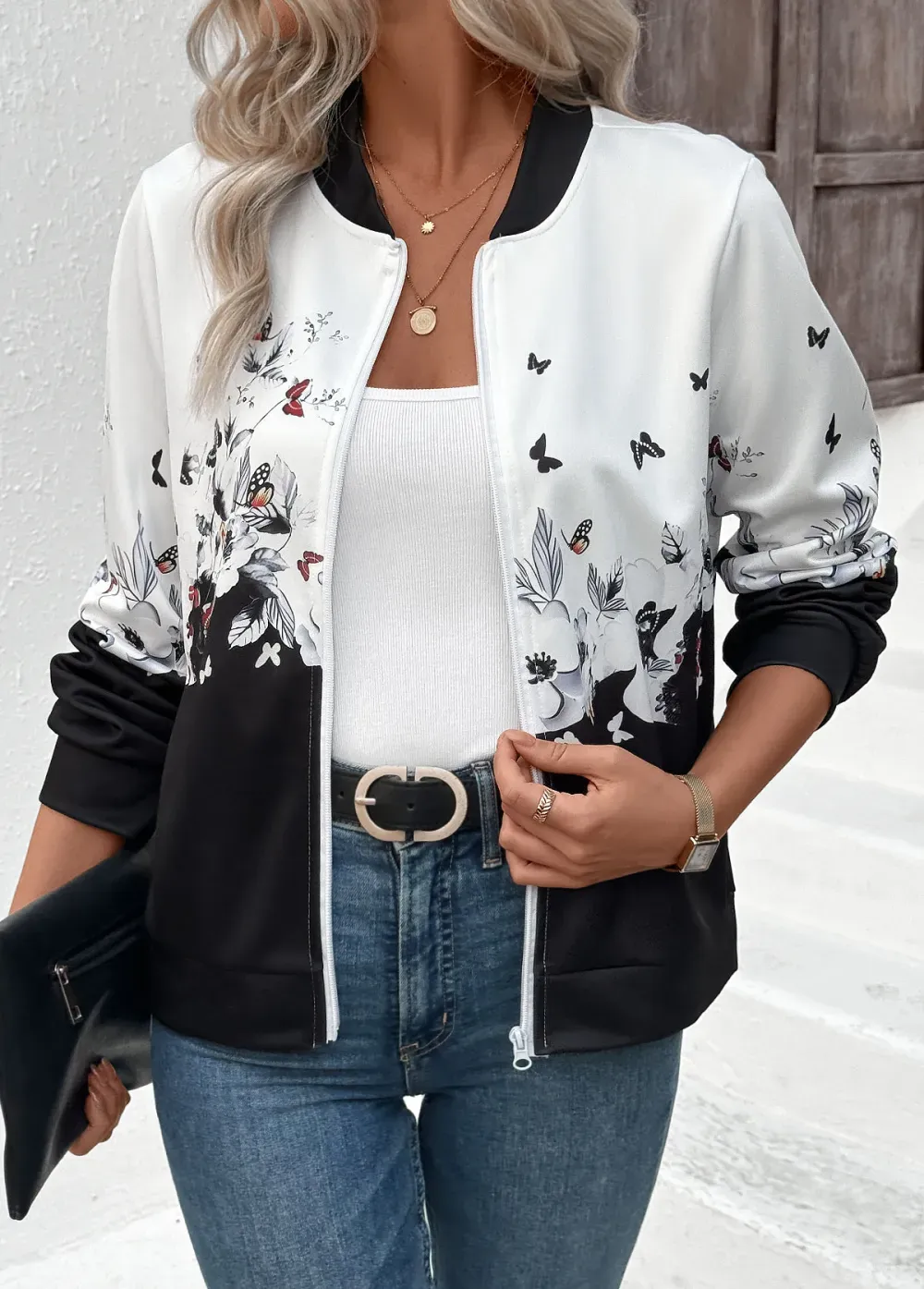 White Zipper Floral Print Long Sleeve Stand Collar Jacket
