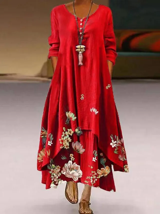 Women's Swing Dress Maxi long Dress Red Long Sleeve Print Pocket Print Spring Summer Round Neck Casual Vintage 2022 S M L XL XXL XXXL 4XL 5XL / Loose