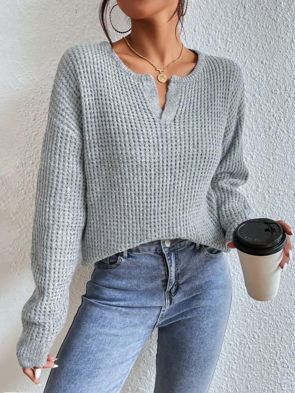 Frenchy Notched Neck Drop Shoulder Collar Detail Sweater