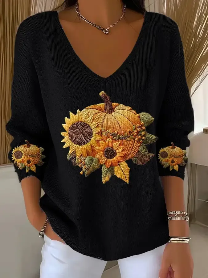 Women's Casual Pumpkin Floral Long Sleeve T-Shirt