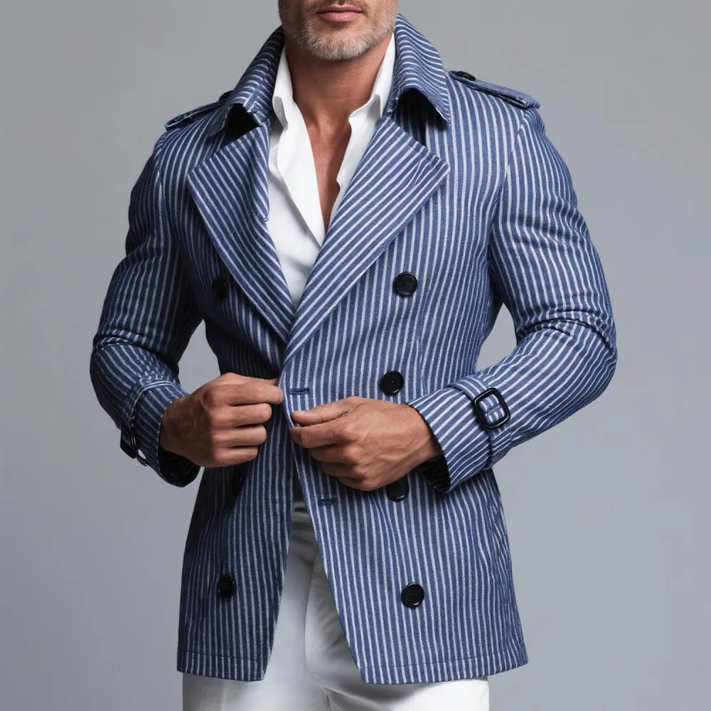 Men's Lapel Collar Double Breasted Blue And White Striped Trench Coat