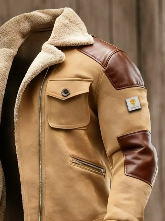 Men's Vintage Suede Splicing Warm Multi-Pocket Outdoor Jacket