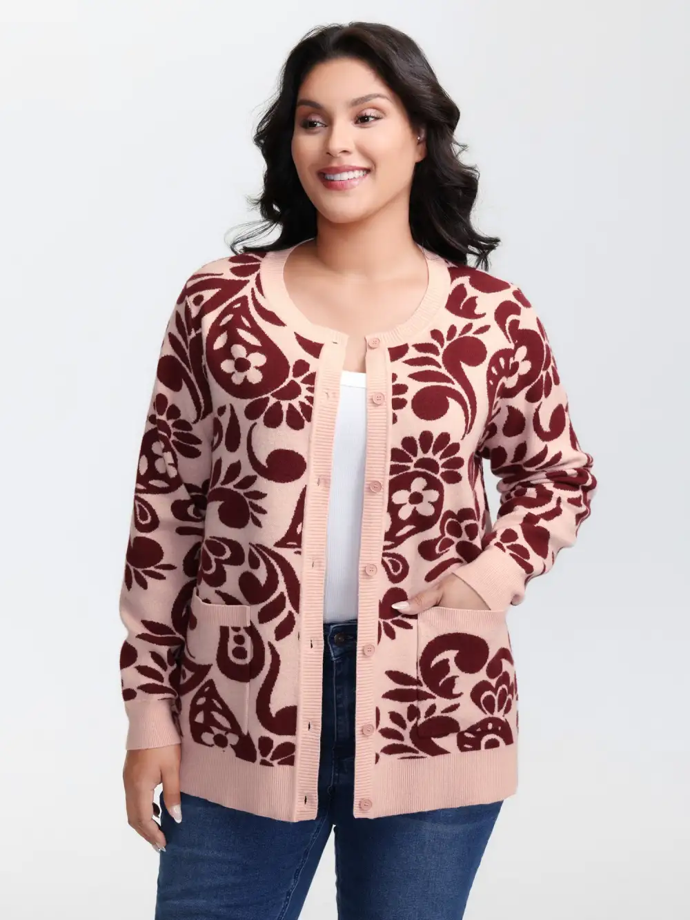 Jacquard Floral Print Button Knit Cardigan