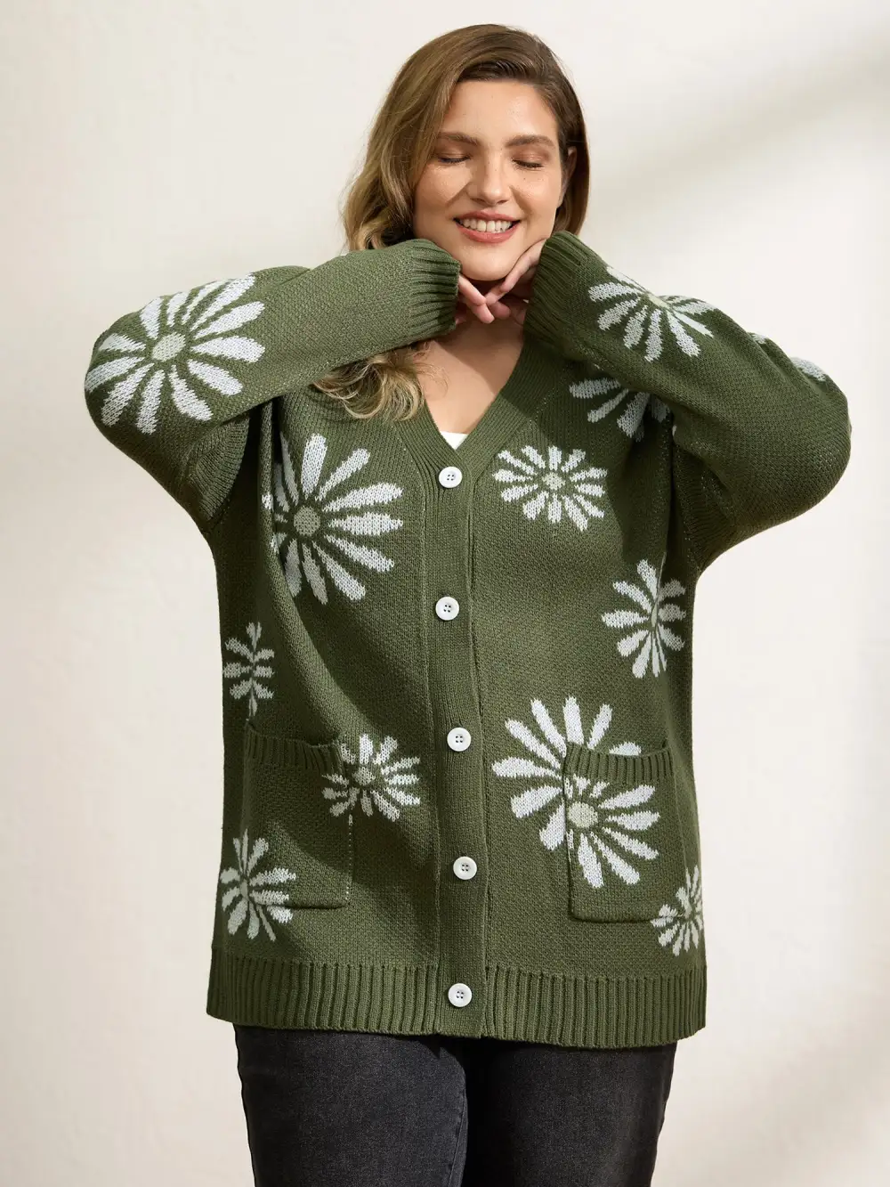 Floral Jacquard Button Pockets Knit Cardigan