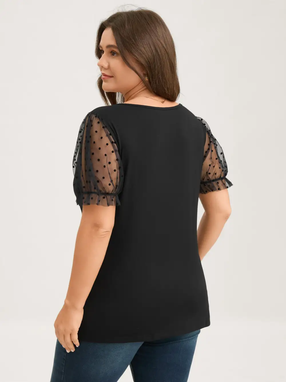 Stretchy Sheer Textured Sleeve Solid T-Shirt
