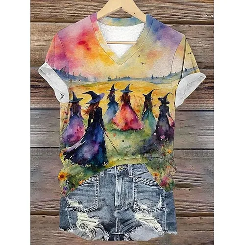 Women's Halloween Sweatshirt Pullover Witch Halloween Print Yellow Casual Crew Neck Long Sleeve Top Micro-elastic Spring Fall & Winter