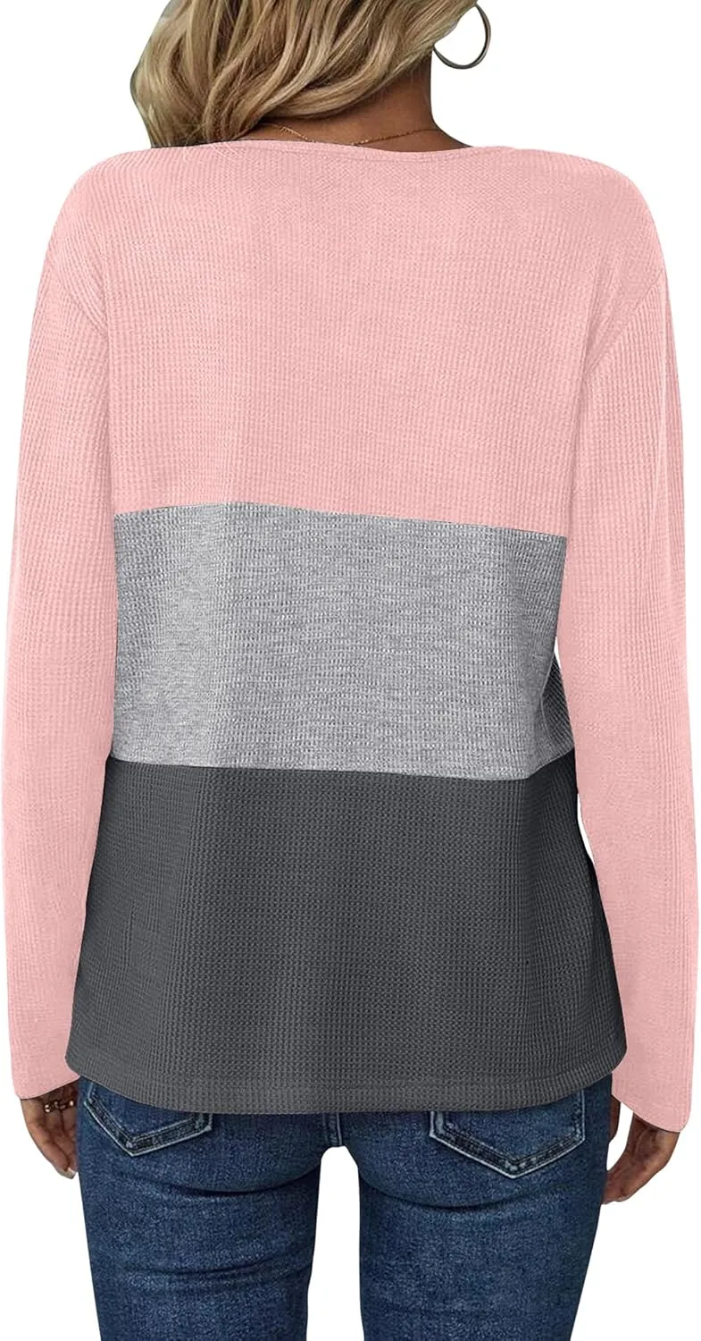 Women's Waffle Shirts V Neck Long Sleeve Tops Color Block T-Shirts Casual Tunics 2024 Fashion Basic Tees