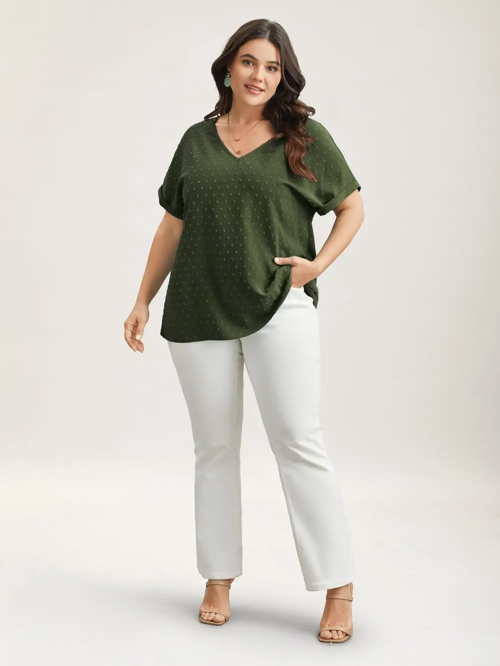 Back-Button Textured V-Neck Shirt