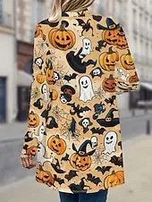 Halloween Women's Coat Lightweight Comfortable Pumpkin Print Vintage Artistic Casual Skull Casual Long Collarless Regular Fit Long Sleeve Outerwear Black White Pink Spring Fall