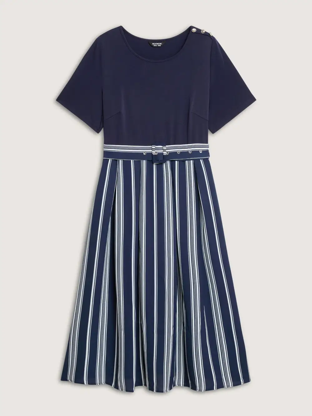 Striped Contrast Print Waist-Cinched Midi Dress