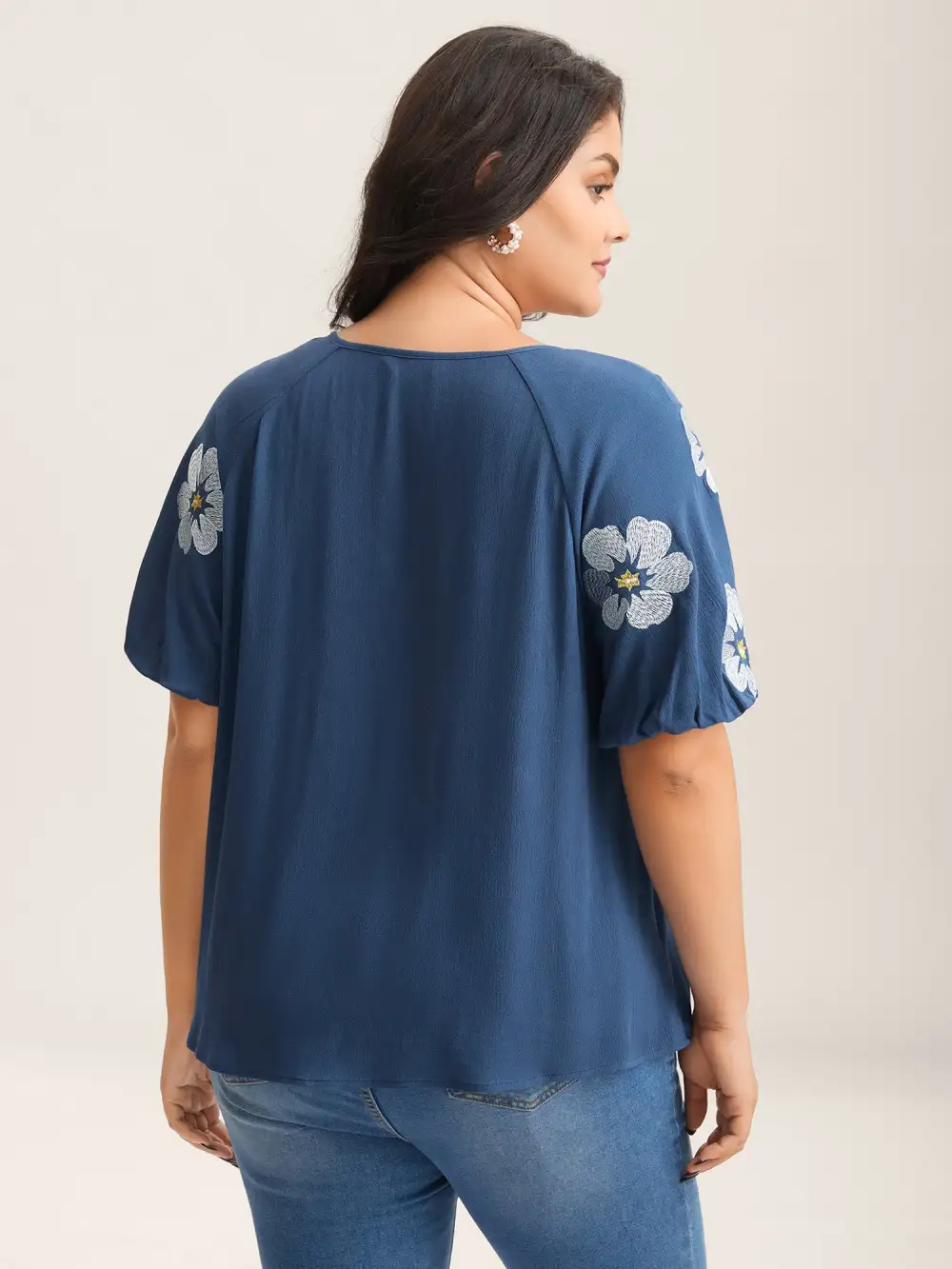 Floral Embroidery Textured Neck Tie Blouse