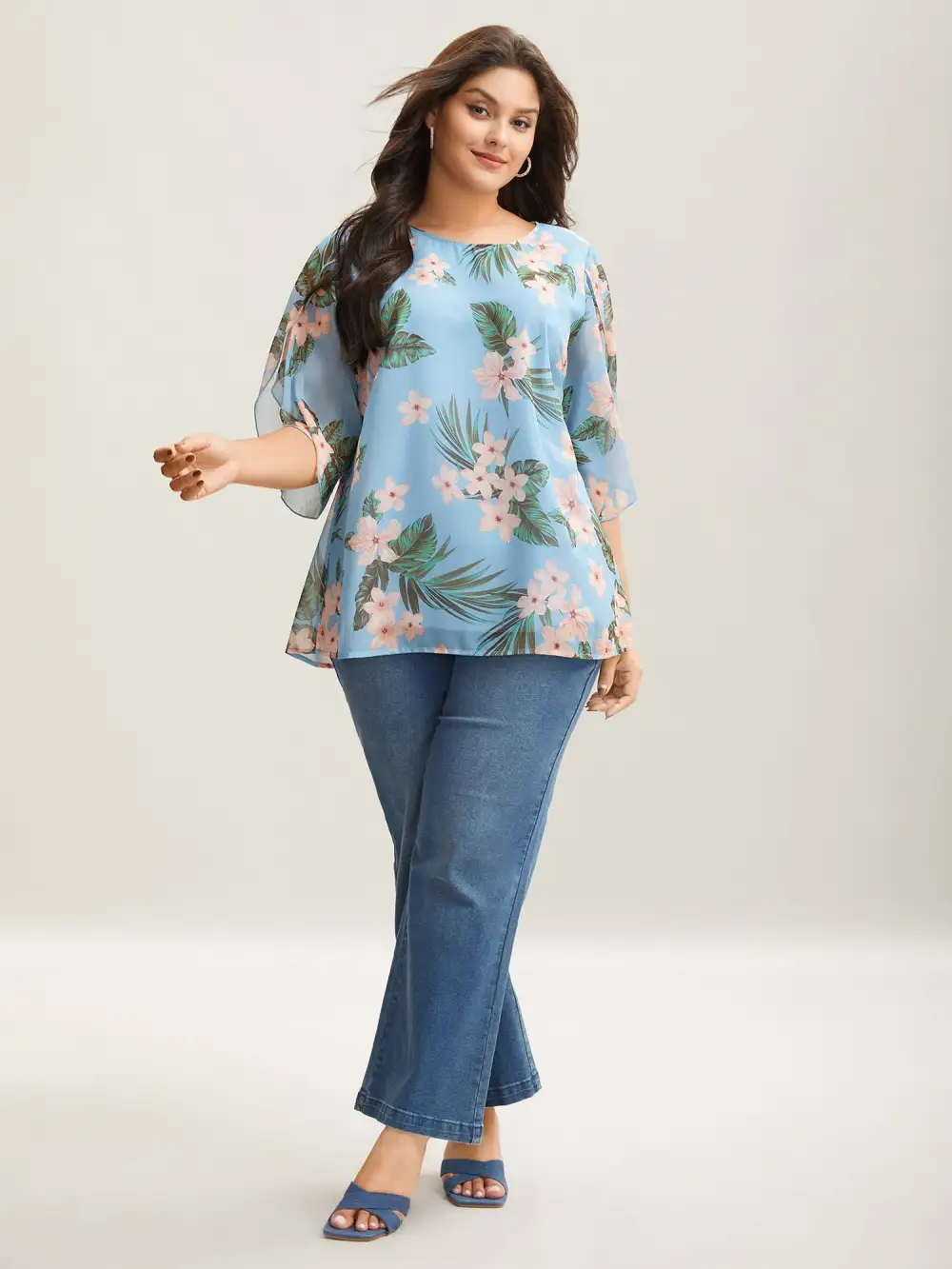 Petal Sleeve Floral Round Neck Shirt