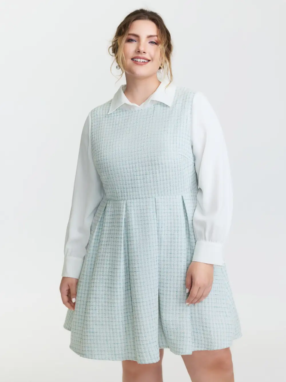 Tweed Colorblock Pleated Midi Dress