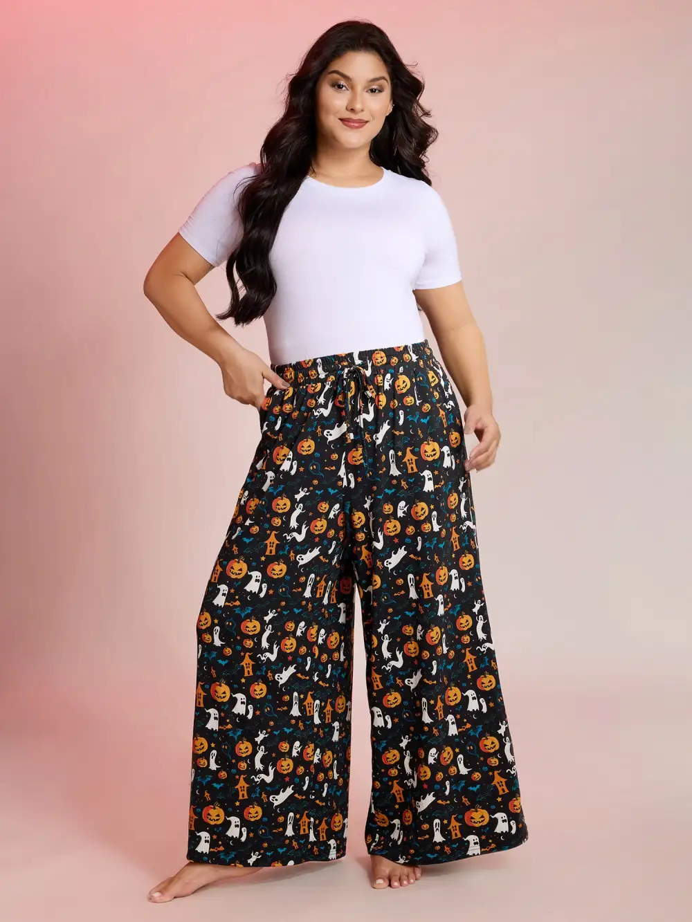Halloween Spiced Print Waist-Tie Lounge Pants