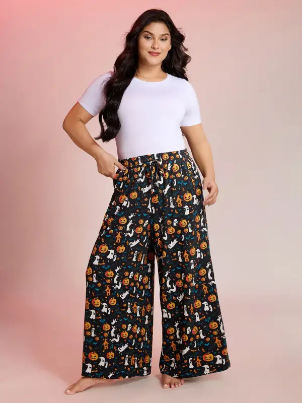 Halloween Spiced Print Waist-Tie Lounge Pants