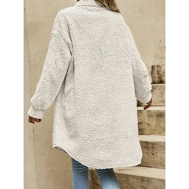 Women's Sherpa Jacket Comfortable Breathable Pocket Buttons Casual Plain Vacation Street Casual Daily Wear Single Breasted Long Turndown Loose Fit Long Sleeve Outerwear Black White Red Spring Fall