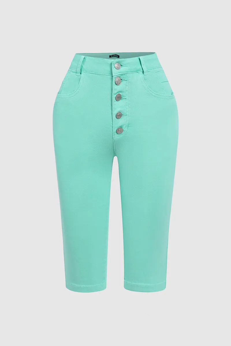 Solid Button Fly High Waist Capri Jeans