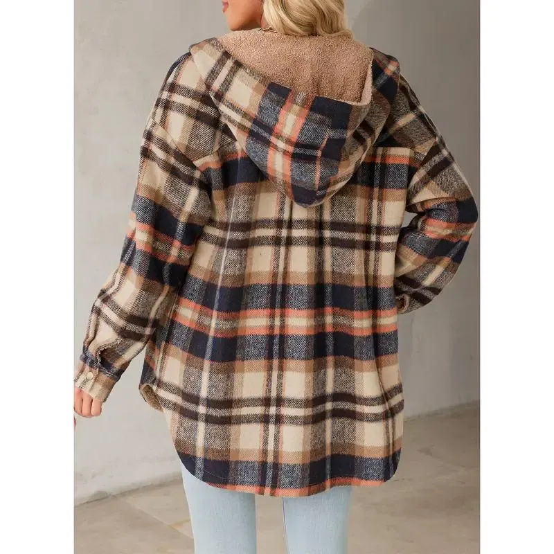 Flannel Hooded Plaid Shacket - Button-Down Thick Fleece-Lined Fuzzy Winter Coat