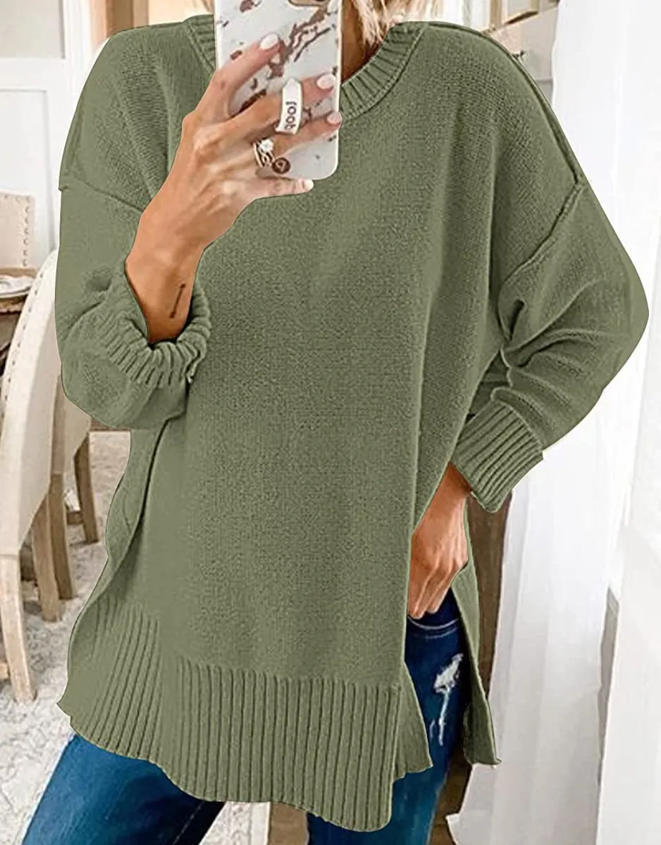 Women With Round Neck Long Sleeves And Slit Sweaters