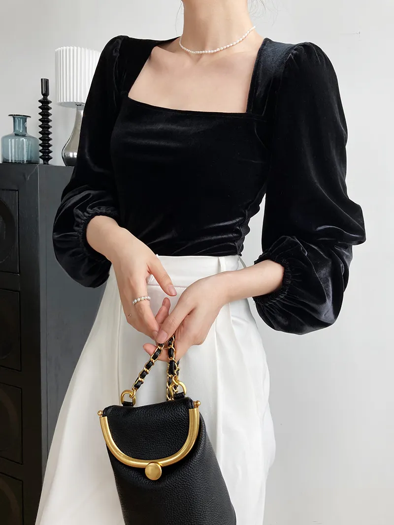 Black Velvet Square Collar Bubble Sleeve Blouse