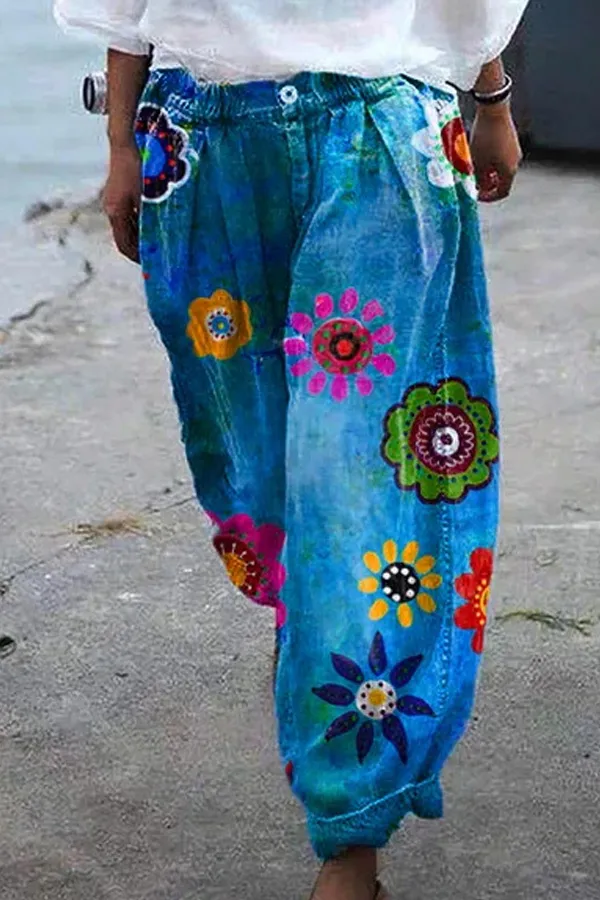 Floral Print Cotton Lentern Pants