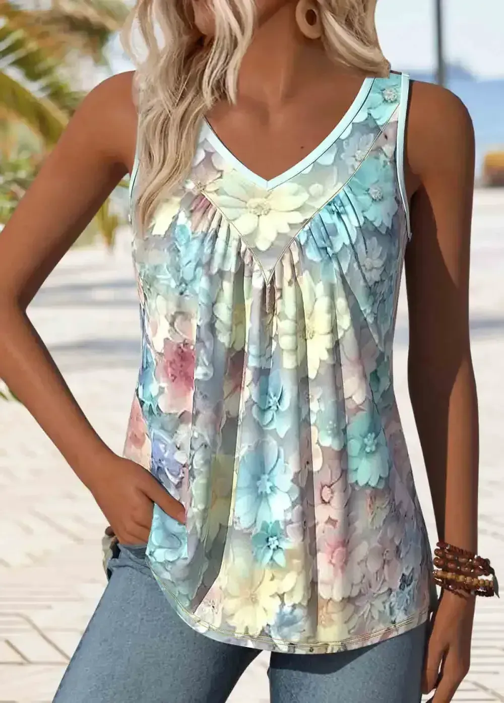 Light Blue Patchwork Floral Print Sleeveless Tank Top