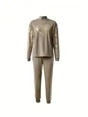 Vibrant Two-Piece Sequined Outfit - Heart Pattern Mock Neck Top with Flattering Fit & Drawstring Pants for Women