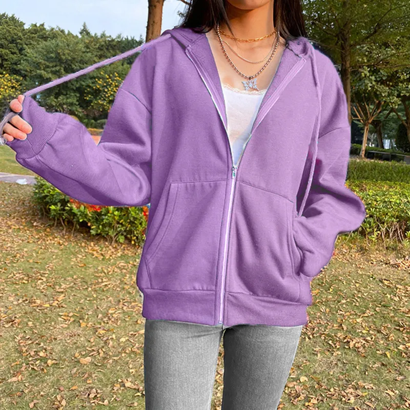 Casual Solid Color Hooded Zipper Hoodie