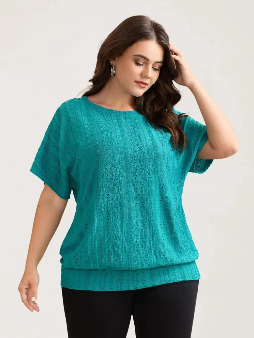 Eyelet Trim Stretchy Textured Plain Top
